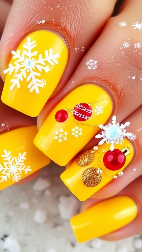 Festive Yellow Christmas Nail Art Bright yellow Christmas nail art with snowflakes and ornaments on a snowy background.